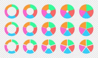 conjunto de gráficos de torta e rosquinha. diagramas de círculos coloridos divididos em 5 seções. rodas de infográfico. formas redondas cortadas em cinco partes iguais isoladas em fundo transparente vetor