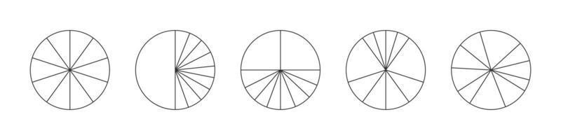 círculos de contorno divididos em 10 segmentos. formas redondas de torta ou pizza cortadas em dez fatias diferentes. exemplos de infográficos estatísticos simples vetor