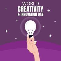 gráfico vetorial de ilustração de mão segurando uma lâmpada acesa, perfeito para o dia internacional, dia mundial da criatividade e inovação, comemorar, cartão de felicitações, etc. vetor