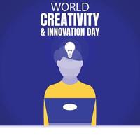 gráfico vetorial de ilustração de um homem está usando um laptop, mostrando uma lâmpada de cabeça piscando, perfeita para o dia internacional, dia mundial da criatividade e inovação, comemorar, cartão de felicitações, etc. vetor