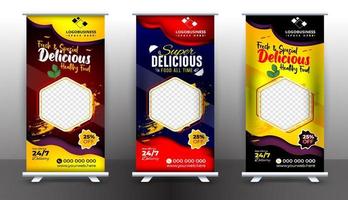 modelo de design de banner roll-up de comida e restaurante, banner de design standee, banner roll-up digital de comida de negócios moderno vetor