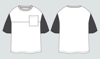 modelo plano de moda de esboço técnico de camiseta com decote redondo, mangas de cotovelo, oversized, camisa de algodão com comprimento de túnica. ilustração vetorial design de vestuário básico. vetor