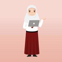 aluna hijab do ensino fundamental vestindo uniforme vermelho e branco. ilustração em vetor dos desenhos animados. retrato de um aluno do ensino fundamental. alunos da escola crianças com mochilas, livros, macbook.