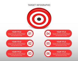 Alvo de alvo vermelho 3D com infográfico de 6 rótulos. layout do número da etapa de destino. gráfico de dados de negócios, meta de investimento, desafio de marketing, apresentação de estratégia, diagrama de conquista. modelo de vetor de informação