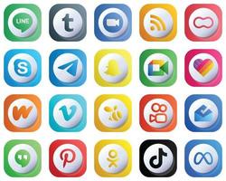 ícone de marca de mídia social de gradiente 3D bonito conjunto de 20 ícones, como o Google Meet. amendoim. mensageiro e ícones de bate-papo. editável e de alta qualidade vetor