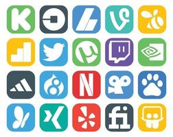 Pacote de 20 ícones de mídia social, incluindo viddler drupal google analytics adidas twitch vetor