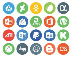 Pacote de 20 ícones de mídia social, incluindo waze xbox office kickstarter paypal vetor