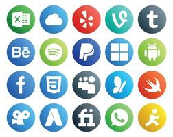 Pacote de 20 ícones de mídia social, incluindo fiverr viddler microsoft swift myspace vetor