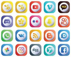 20 ícones de gradiente 3D fofos das principais plataformas de mídia social, como o Whatsapp. snapchat. ícones de texto e yahoo. totalmente personalizável e minimalista vetor