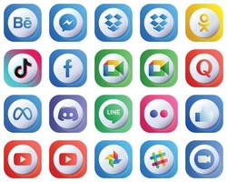 20 ícones de mídia social modernos com gradiente 3D fofos, como quora. vídeo. vídeo. google meet e ícones fb. totalmente editável e moderno vetor