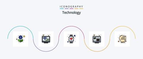 linha de tecnologia cheia de pacote de 5 ícones planos, incluindo segurança. sistema. coração. tela. Assistir vetor