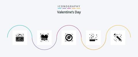 Pacote de ícones do glifo 5 do dia dos namorados, incluindo drogas. Ame. coração romântico. Comida. proibido vetor