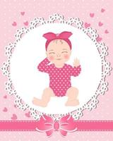 cartão infantil com uma linda menina em um modelo de renda com um laço e corações. design recém-nascido, vetor. vetor