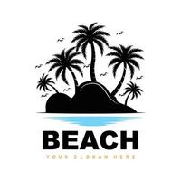 logotipo de coqueiro e praia, design de paisagem natural do oceano, vetor de planta de ícone de praia