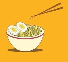 ilustração em vetor de sopa de macarrão amarelo em uma tigela. comendo macarrão com pauzinhos.