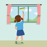 menina bonitinha limpando janela com rodo fazendo tarefas diárias vetor