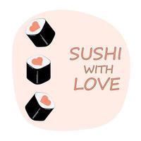 rolo de sushi com cartão de coração. sushi de texto com comida japonesa love.cute. rolo de sushi de amor de vetor