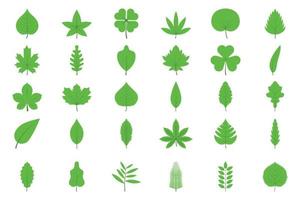 conjunto de folhas de árvores verdes. folhas de carvalho, álamo tremedor, tília, bordo, castanheiro, trevo e plantas. vetor