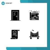 pacote de interface do usuário de 4 glifos sólidos básicos de planejamento de interiores de documento de porta, construção de elementos de design de vetores editáveis