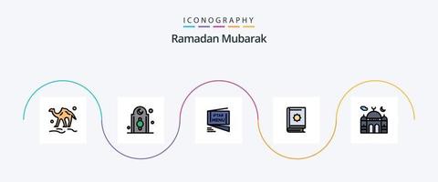 Linha do Ramadã preenchida com 5 ícones planos, incluindo o Islã. alcorão. torre. velozes. Ramadã vetor