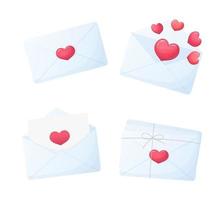 coleção de envelopes azuis fechados e abertos com corações rosa. cartas de amor românticas. ilustração vetorial. vetor