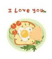 cartão postal eu te amo. ovos mexidos em forma de coração. torrada com ovo, abacate e tomate. vetor