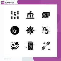 grupo de 9 sinais e símbolos de glifos sólidos para proteção dinamarquês eua moeda compras elementos de design de vetores editáveis