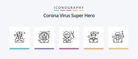 pacote de ícones da linha 5 do super-herói do vírus corona, incluindo feminino. militares. fêmea. defesa. cientista. design de ícones criativos vetor