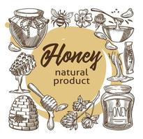 mel produto natural, abelhas e líquido açucarado vetor