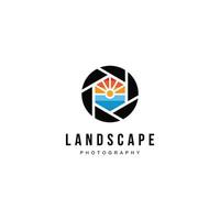 vetor de ícone de design de logotipo de combinação de lente e pôr do sol para fotografia de paisagem