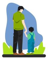 ilustração de pai e filho. fundo de grama e cor azul. conceito ou tema do dia dos pais, família, amor, etc. vetor plano.