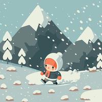 pequeno personagem fofo embrulhado na natureza com neve e gelo enquanto nevava vetor
