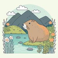 animal bonito capivara em campo com flores perto da água vetor