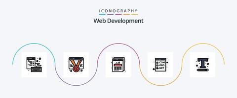 linha de desenvolvimento web cheia de pacote de 5 ícones planos, incluindo programação. com. rede. código. estatísticas da web vetor