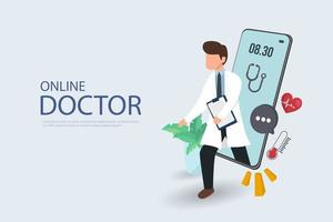 paciente conhecendo um médico profissional on-line em um smartphone e apertando as mãos, conceito de consulta médica on-line vetor