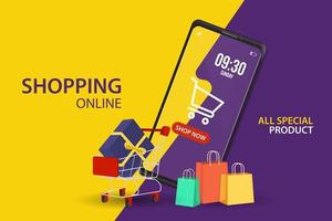 compras on-line no site ou marketing de conceito de vetor de aplicativo móvel e marketing digital, fundo amarelo e roxo.