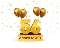 56 números de ouro de aniversário com confete dourado. modelo de festa de evento de aniversário de celebração. vetor