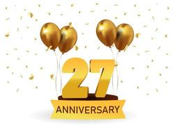 27 números de ouro de aniversário com confete dourado. modelo de festa de evento de aniversário de celebração. vetor