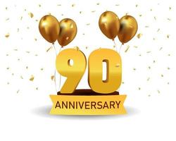 Números de ouro de 90 anos com confete dourado. modelo de festa de evento de aniversário de celebração. vetor