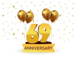 69 números de ouro de aniversário com confete dourado. modelo de festa de evento de aniversário de celebração. vetor