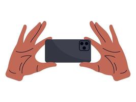 mão do homem afro-americano segurando o telefone móvel, vista traseira. ilustração vetorial plana isolada no fundo branco vetor