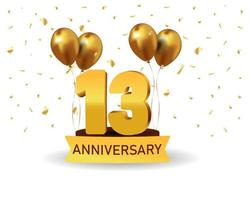 13 números de ouro de aniversário com confete dourado. modelo de festa de evento de aniversário de celebração. vetor