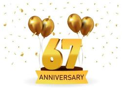 67 números de ouro de aniversário com confete dourado. modelo de festa de evento de aniversário de celebração. vetor