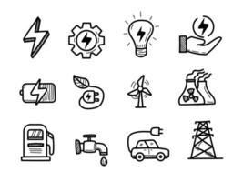 conjunto de ícones de energia com estilo doodle isolado no fundo branco. ilustração vetorial de elementos de energia desenhados à mão vetor