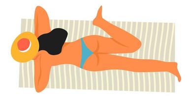 mulher tomando banho de sol na praia, descanso de férias à beira-mar vetor