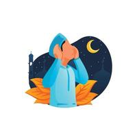 um homem está fazendo adzan à noite, uma chamada para os muçulmanos rezarem durante o ramadã - ilustração vetorial. vetor