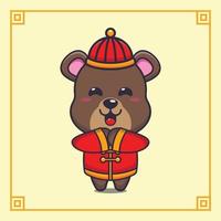 urso fofo com traje chinês vermelho no ano novo chinês. ilustração de desenho vetorial adequada para pôster, folheto, web, mascote, adesivo, logotipo e ícone. vetor