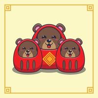 urso fofo com fantasia de bonecas daruma no ano novo chinês. ilustração de desenho vetorial adequada para pôster, folheto, web, mascote, adesivo, logotipo e ícone. vetor