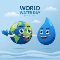 dia mundial da água terra e ilustração de personagem fofa de desenho animado de água líquida para capa de livro de banner de pôster vetor