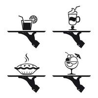 ícones pretos de mão humana com uma bandeja em um fundo branco. sobremesas vetor